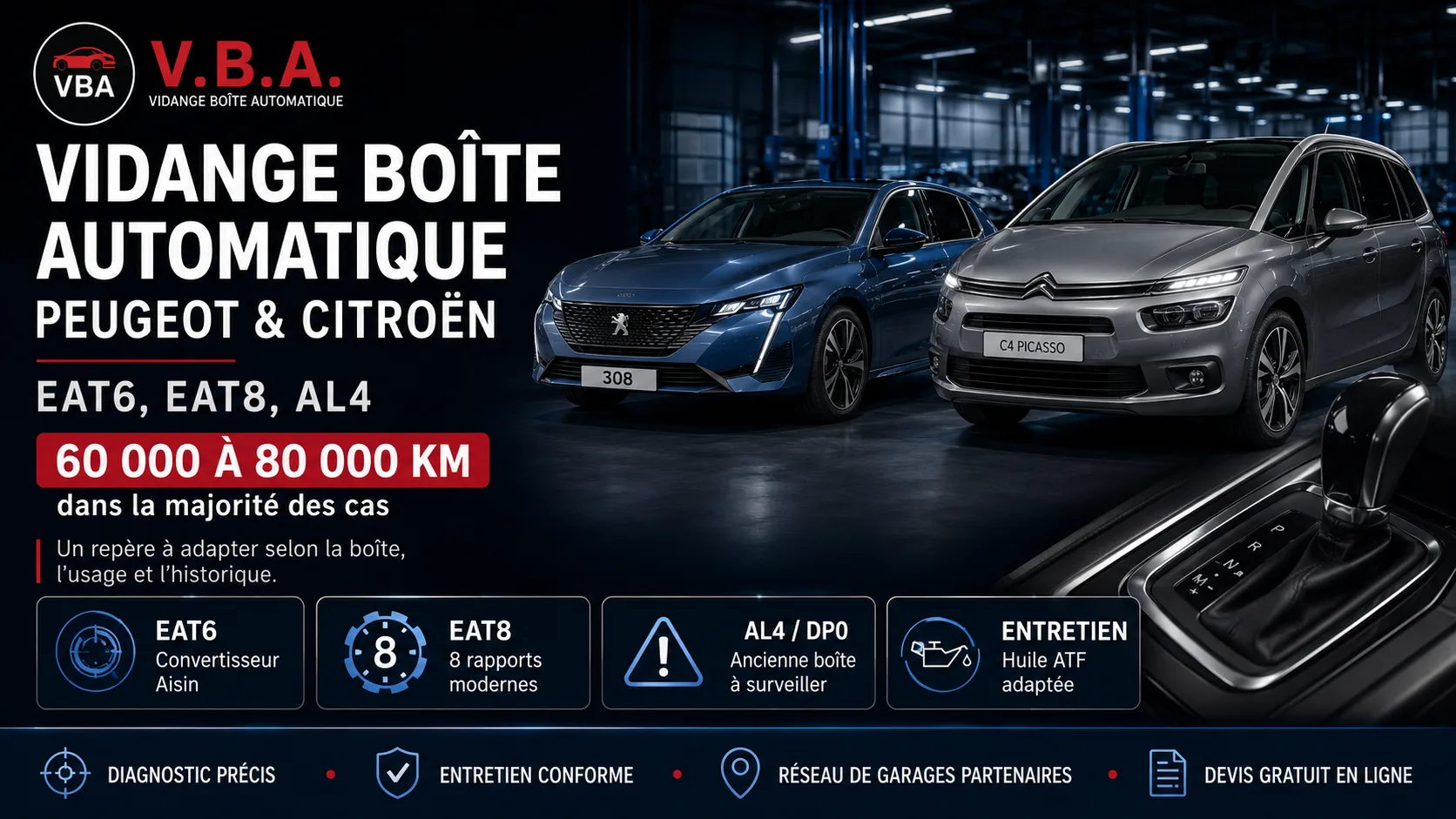 Vidange boîte automatique Peugeot et Citroën : EAT6, EAT8, AL4 – illustration