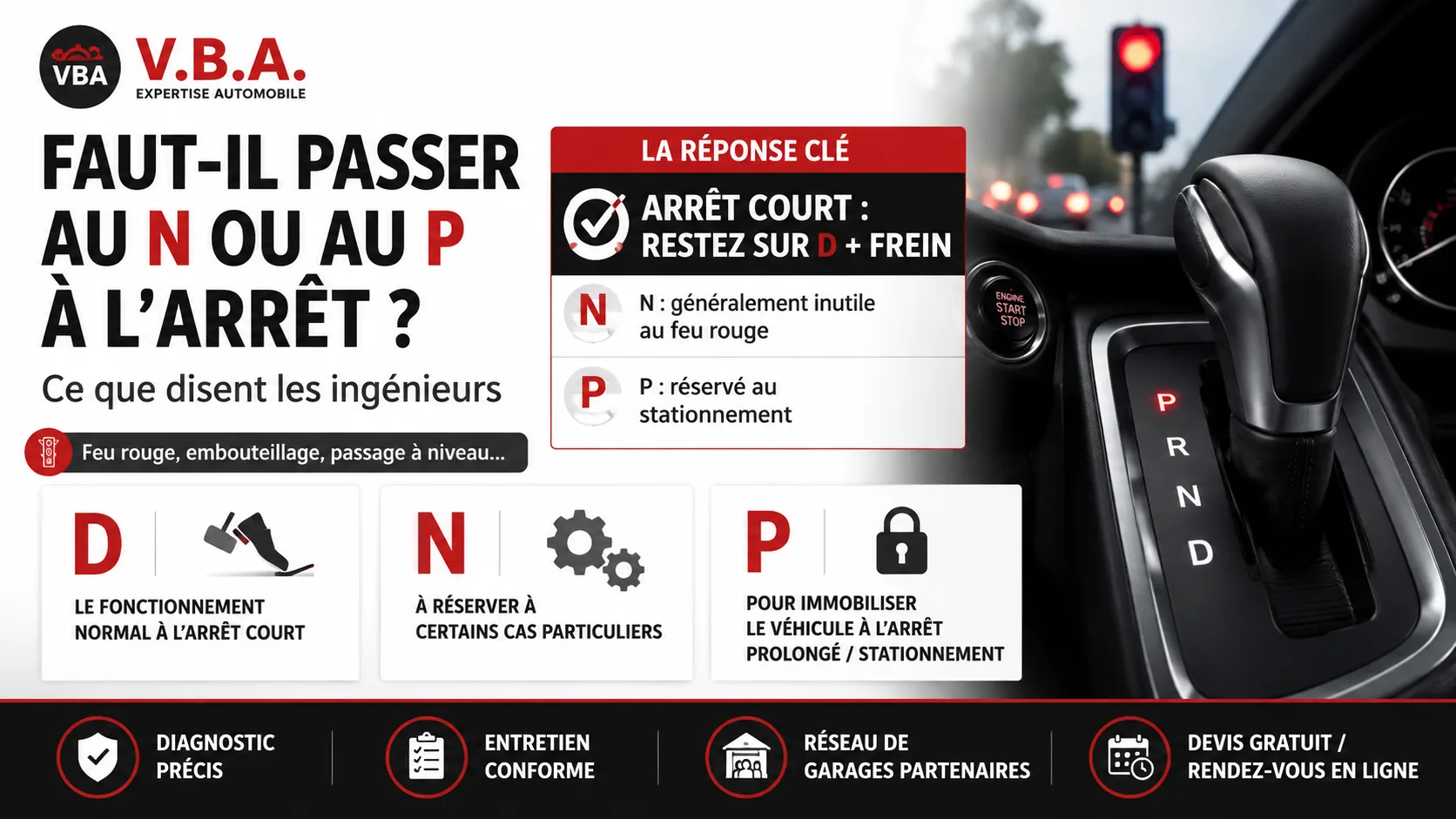 Faut-il passer au N ou au P à l'arrêt ? Ce que disent les ingénieurs – illustration