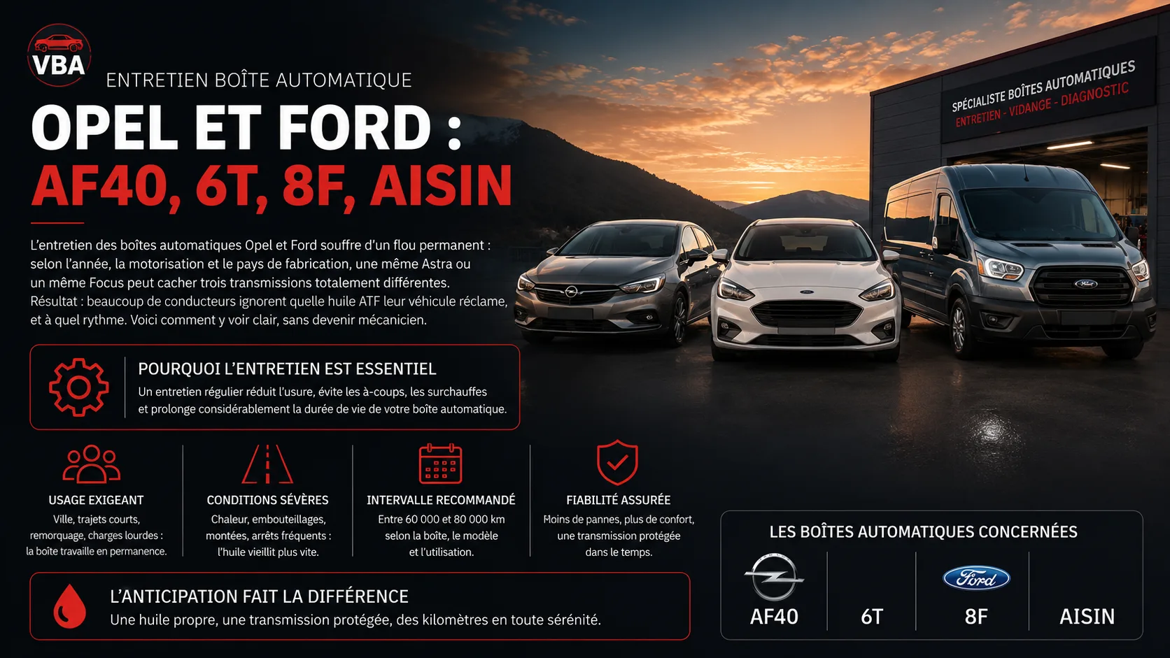 Vidange boîte automatique Opel et Ford : AF40, 6T, 8F, Aisin – illustration