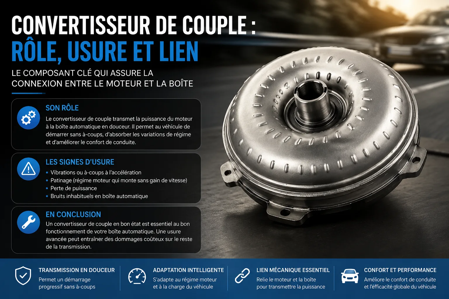 Convertisseur de couple : rôle, usure et lien avec l'huile ATF – illustration