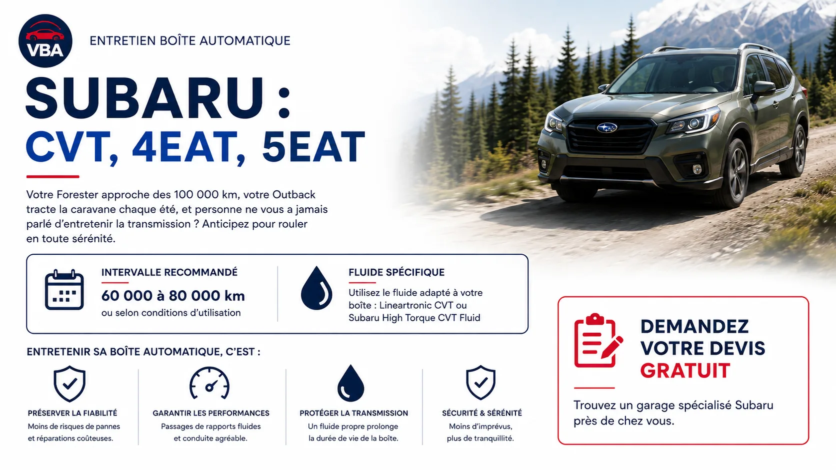 Vidange boîte automatique Subaru : CVT, 4EAT, 5EAT et prix – illustration