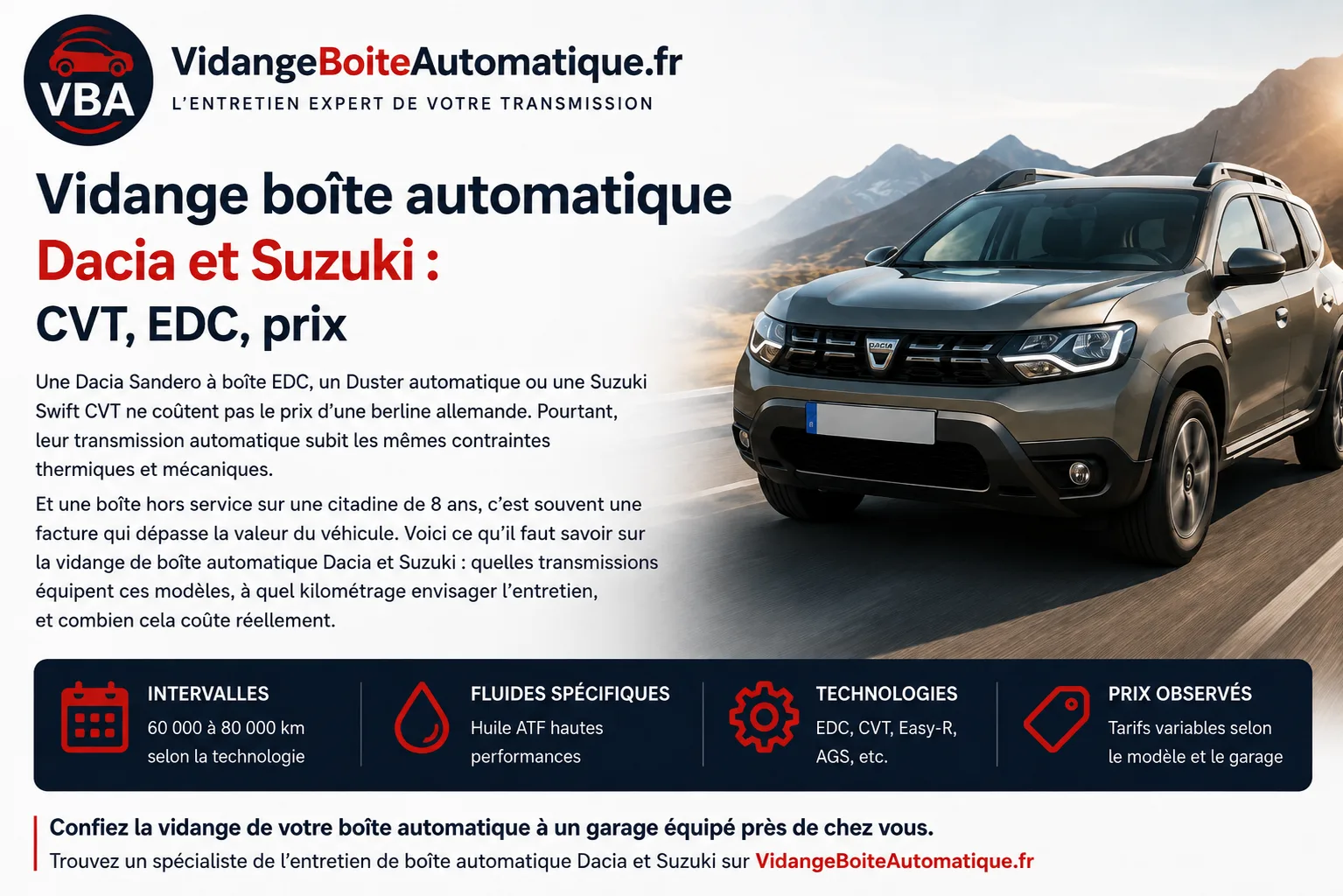 Vidange boîte automatique Dacia et Suzuki : CVT, EDC, prix – illustration