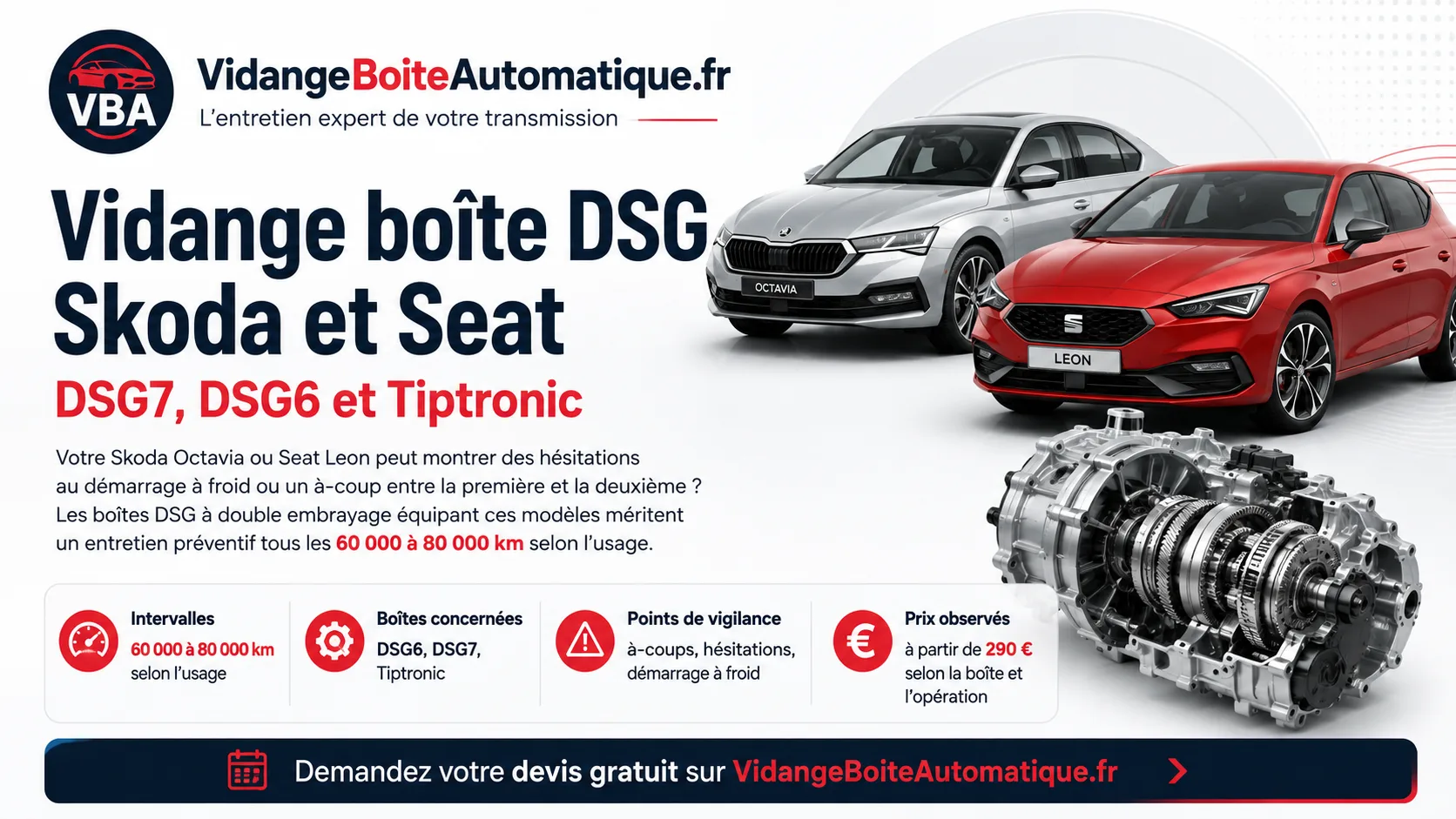 Vidange boîte DSG Skoda Seat : DSG7, DSG6 et Tiptronic – illustration
